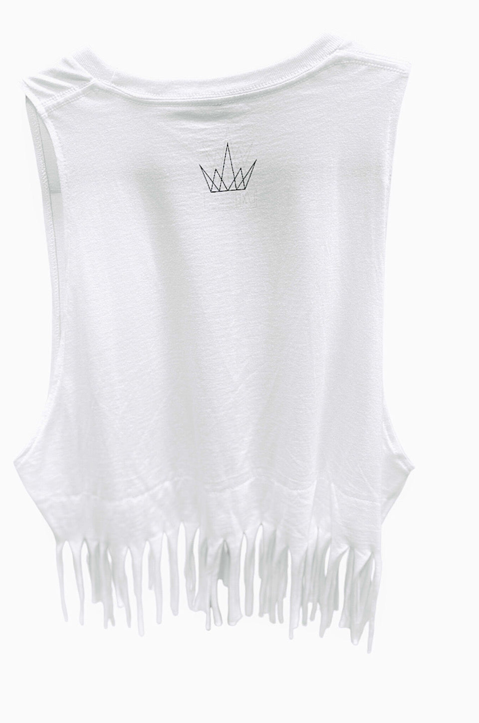 White sleeveless top with fringe details and text on a white background